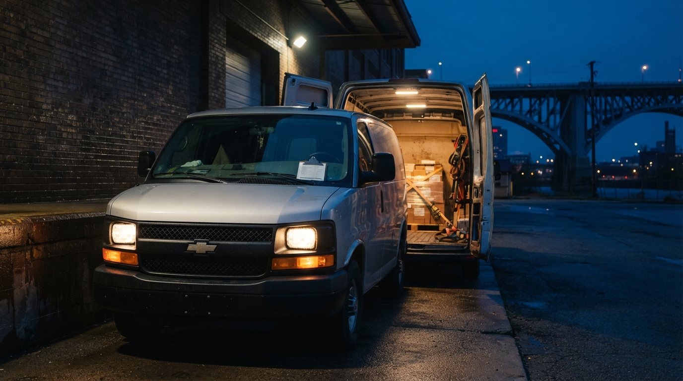 A clean silver unmarked Chevrolet-style cargo van at a Cleveland loading dock in the last blue-hour light, photographed front