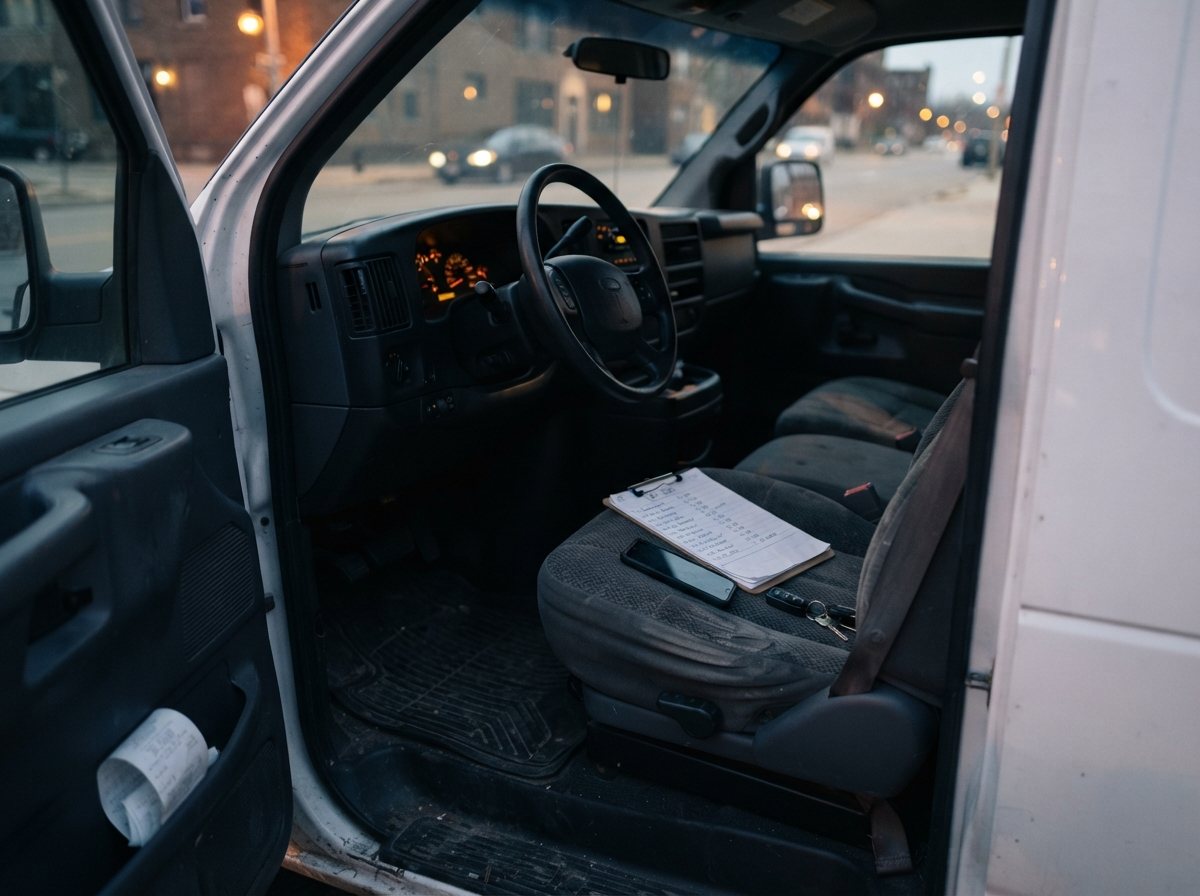 The driver's seat of the same van from the open door: a clipboard with a handwritten run sheet, a phone face-down and a key