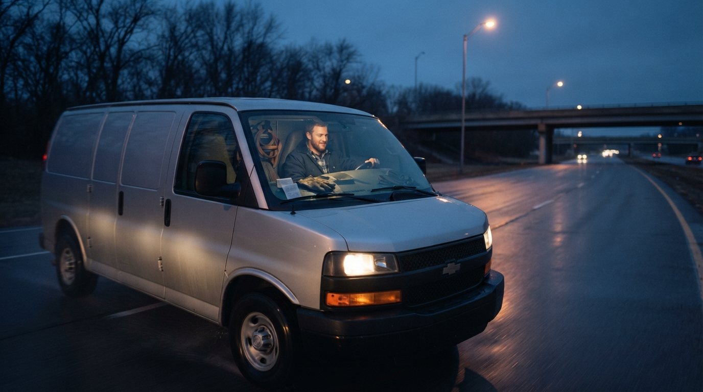 The same silver cargo van in motion on a Northeast Ohio highway at blue hour, headlights and sodium streetlight catching